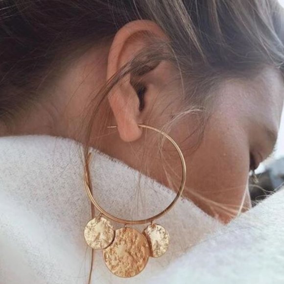 Jewelry - Big Statement Coin Drop Hoop Earring Gold